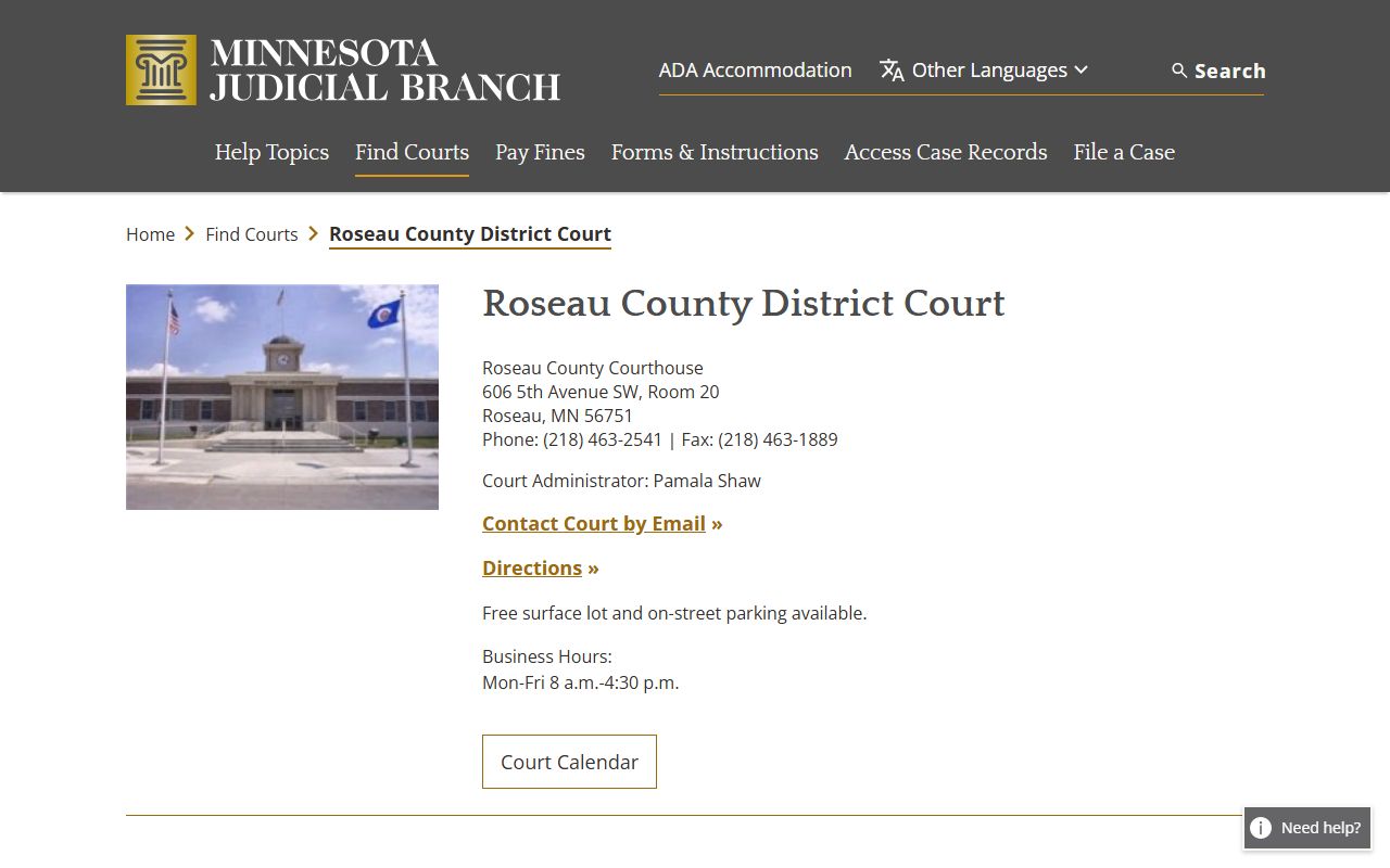 Roseau County court records after arrest district court page