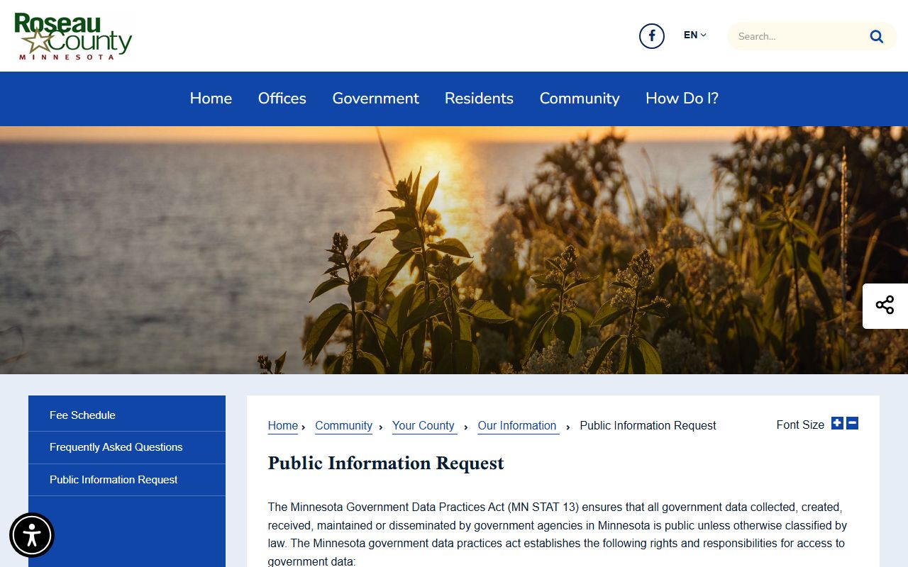 Roseau County jail mugshots public information request page