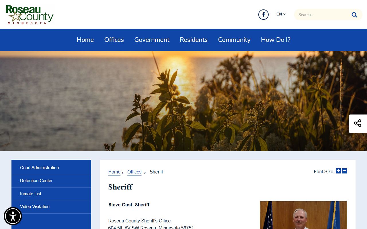 Roseau County sheriff page with inmate population and jail roster links